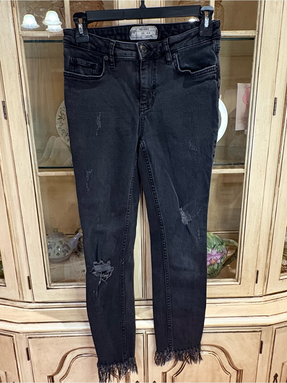 Free People Black Distressed Skinny Jeans with Frayed Ankles
